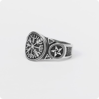 Кольцо с руническим компасом Вегвизир и пентаграммами