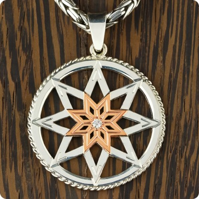 Оберег Алатырь-щит из серебра с золотом с камнем